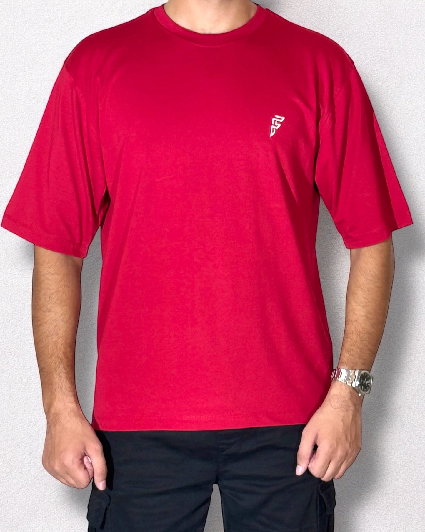 Embroidered Drop Shoulder T-Shirt (Fusion Red)