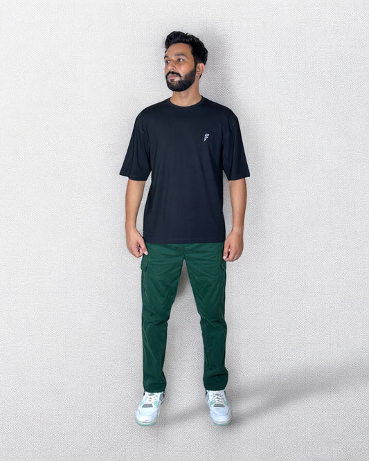 Embroidered Drop Shoulder T-Shirt (Majestic Black)