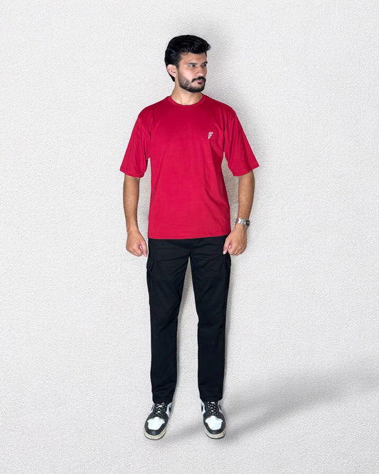 Embroidered Drop Shoulder T-Shirt  (Fusion Red)