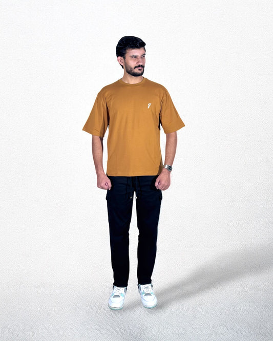 Embroidered Drop Shoulder T-Shirt (Camel Brown)